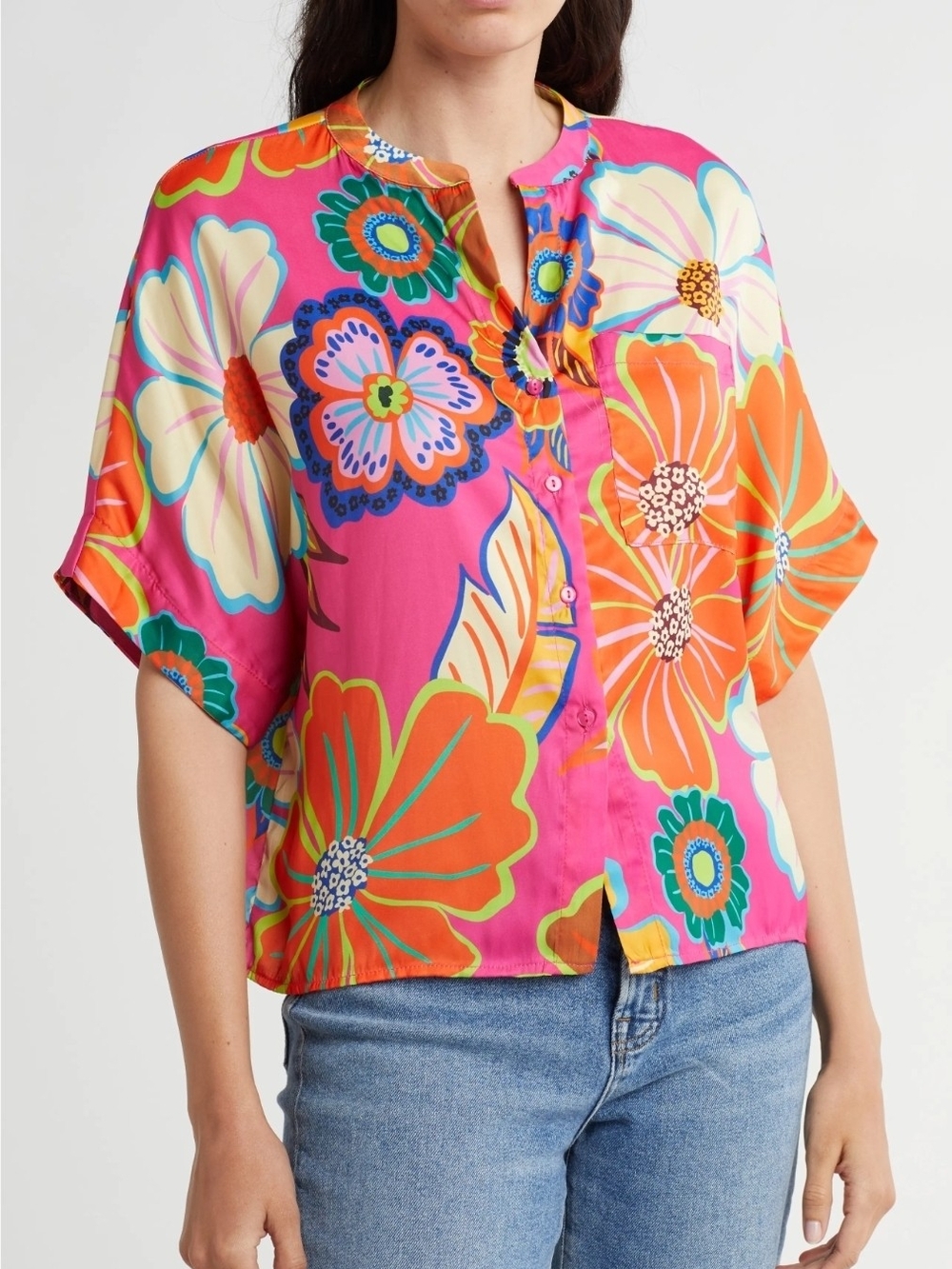 T Tahari Women’s Pink Orange Floral Button Short Sleeve Blouse Pocket M